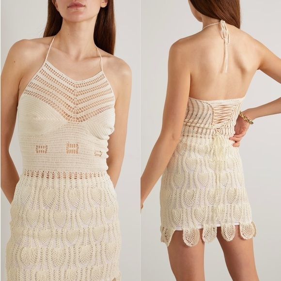 NEW! LOEWE- Crocheted Cotton Halterneck Mini Dress Off White Beige Size Large - Picture 2 of 10